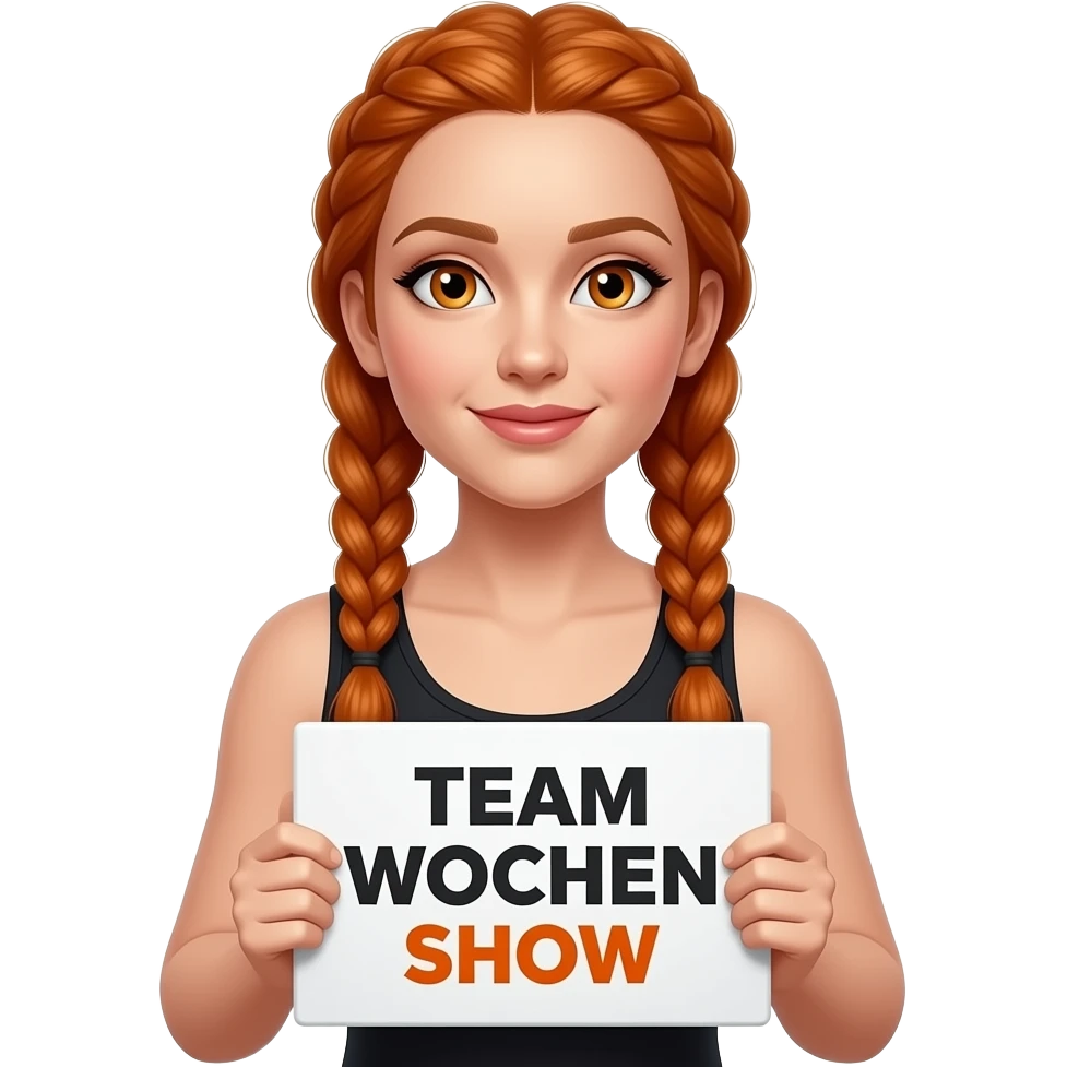 sexy girl with long ginger braids and ginger eyes wearing a black tanktop is holding a white sign with TEAM WOCHENSHOW written on it emoji