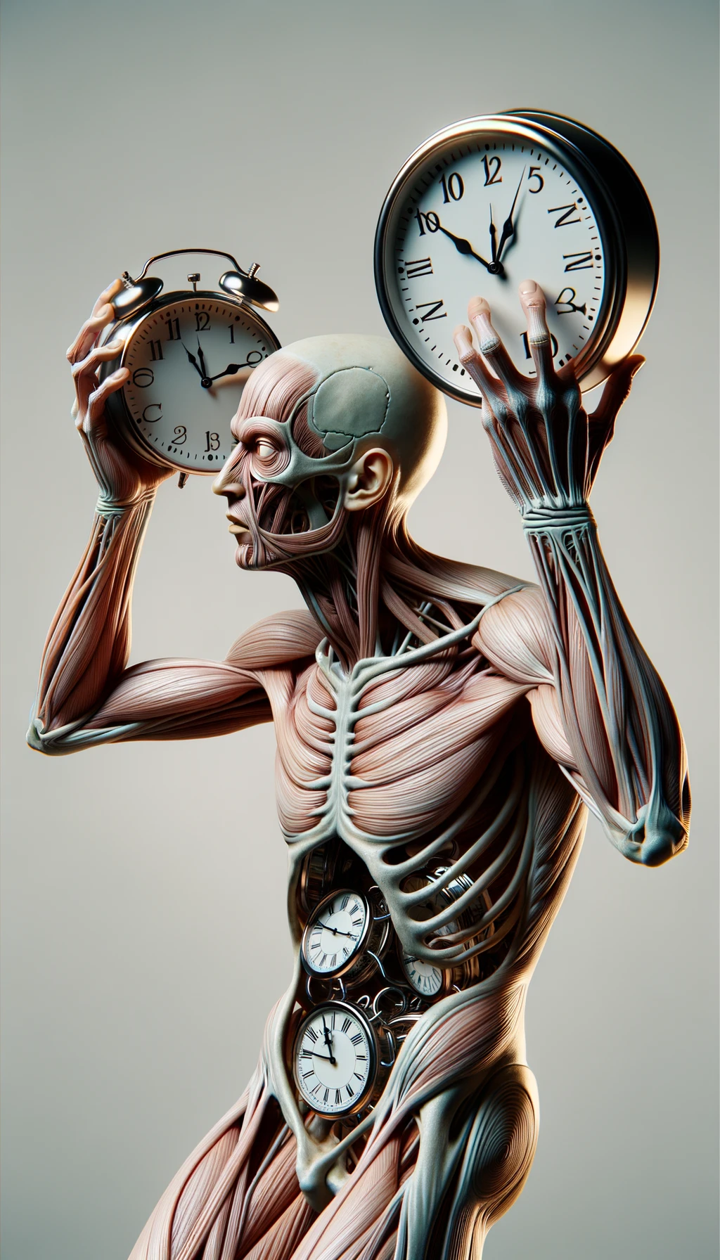 corpo umano anatomico CHE TIENE OROLOGI NELLE MANI E STA IMPAZZENDO PERCHé NON RIESCE A SVOLGERE TUTTE LE SUE ATTIVITà QUOTIDIANE: NON HA TEMPO, SFONDO CHIARO, iperrealistico 4k emoji