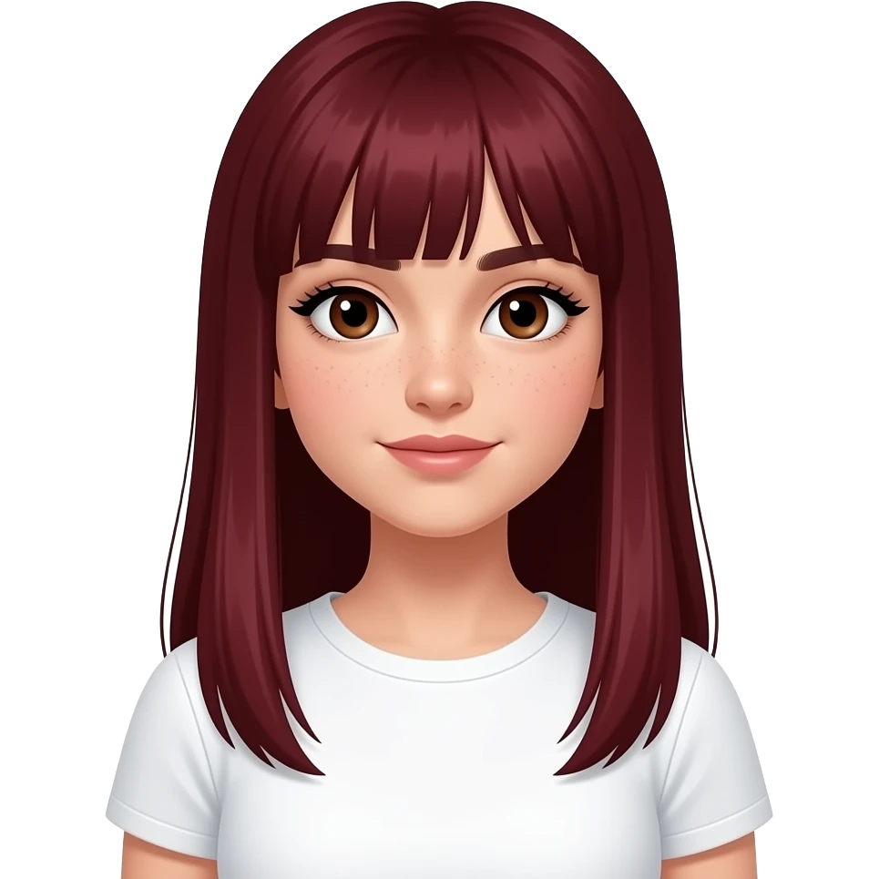 Göz hizasına kadar güzel perçemleri olan düz saçlı saçı uzun olsun çok uzun boy koyu kızıl renkte ama koyu bi kızıl çilli kahverengi gözlü güzel kirpikli bembeyaz tenli bir kız beyaz tshirt giysin giysin emoji