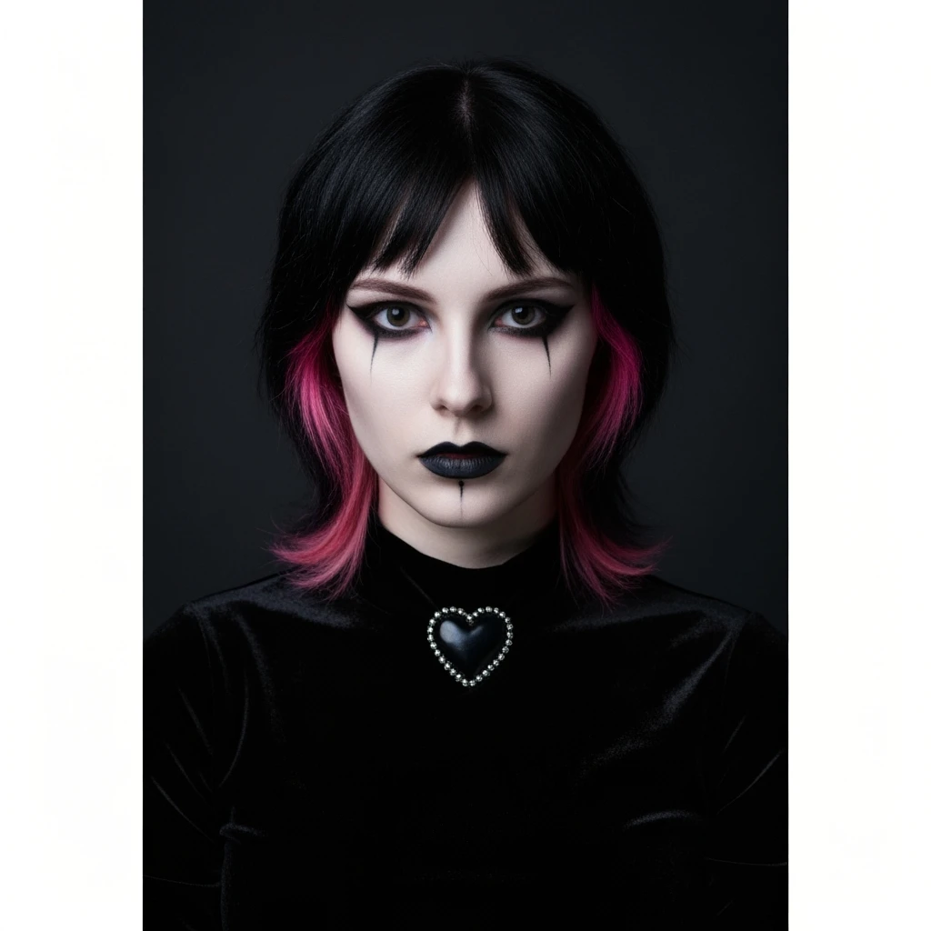 goth profile picture with a heart accent, cute, expressive, minimal, variation 3 emoji