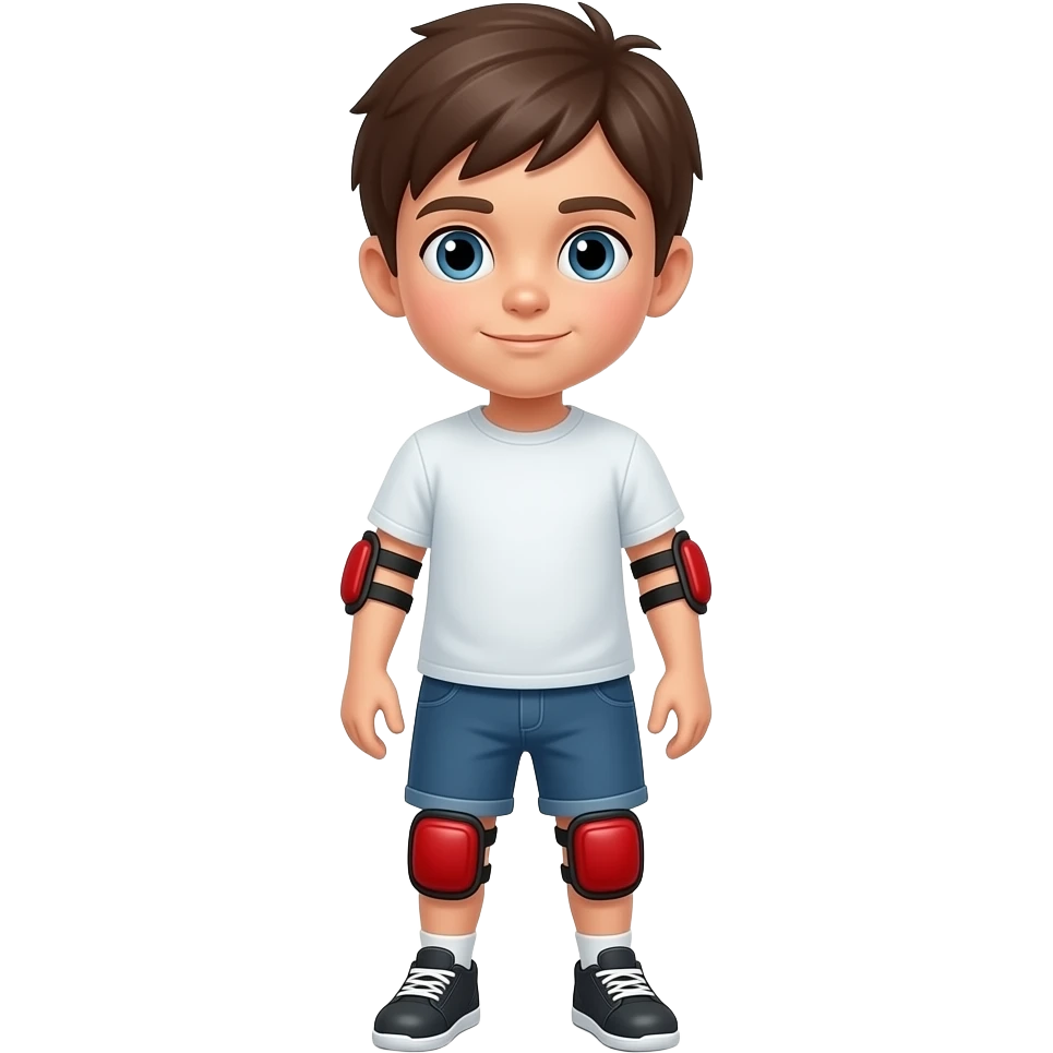 Child standing upright, wearing red elbow pads and knee pads, ready-to-play expression, front-facing pose. emoji