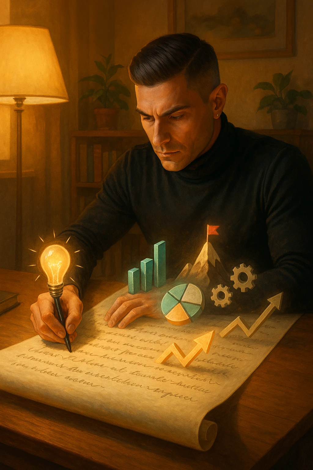 Un uomo concentrato, seduto alla sua scrivania in una stanza con luce calda, sta scrivendo su un enorme foglio di carta che si espande magicamente davanti a lui. Mentre scrive, le parole si trasformano in elementi visivi tridimensionali che rappresentano le soluzioni ai suoi problemi in italiano emoji