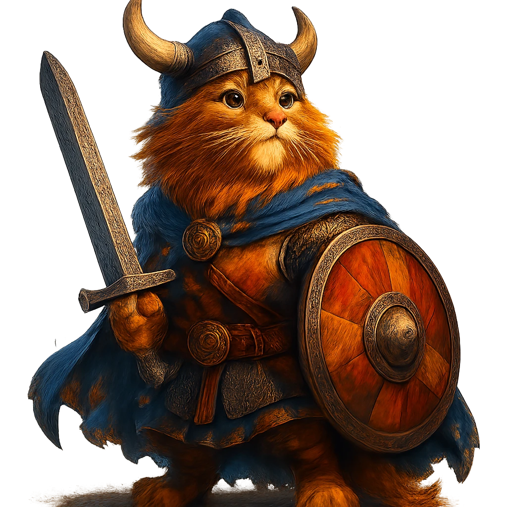 valorous Viking ginger cat in Valhalla, epic, heroic, vibrant colors emoji