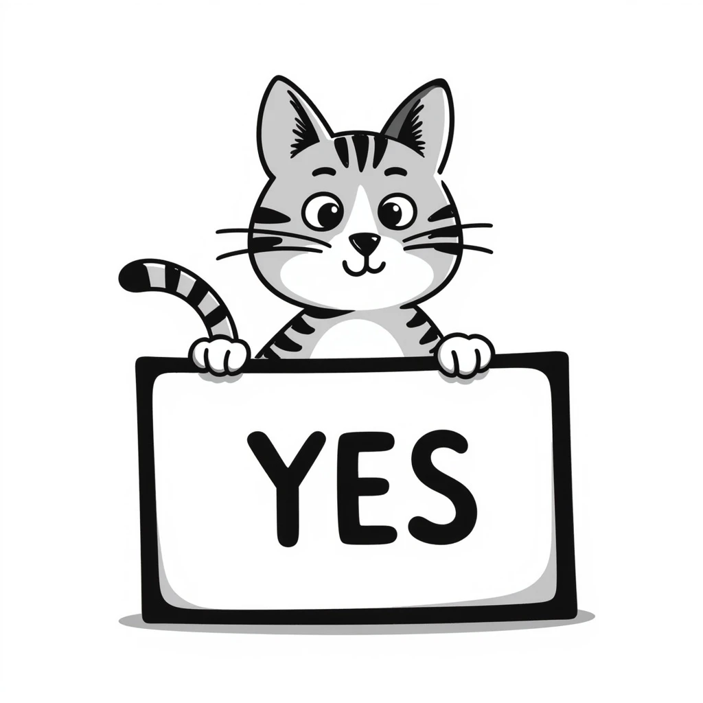 tabby cat holding a sign that says 'yes' emoji