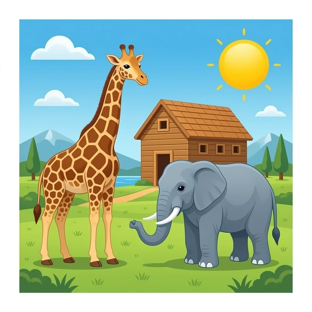 Noah’s Ark with Noah and giraffe and elephant emoji