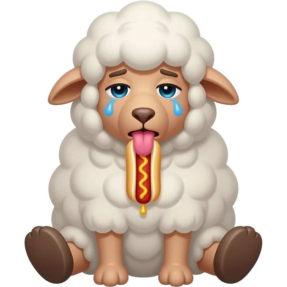 Sweating tired sheep plush on its knees eating a hotdog with tongue out covered in lots of sticky mayo emoji