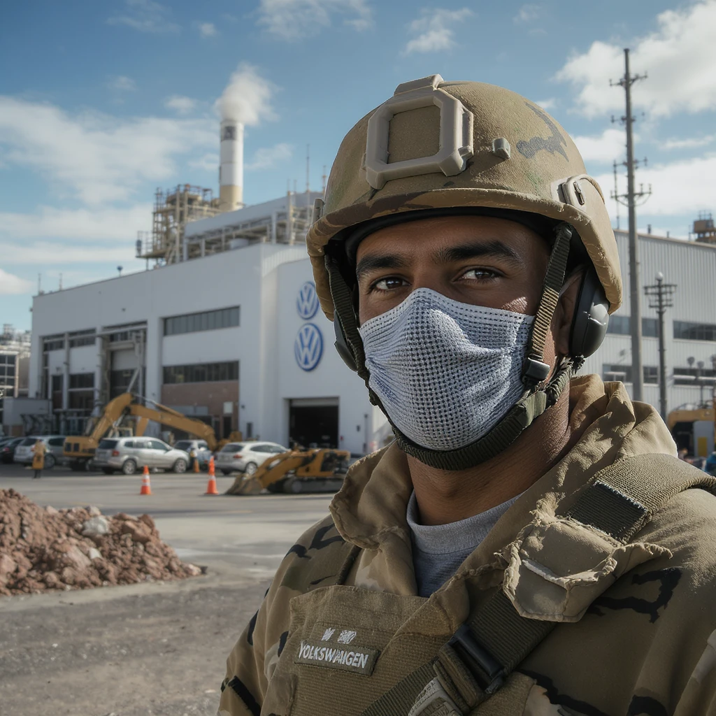 Realistic Volkswagen factory exterior, large industrial building with Volkswagen logo, parking lots filled with cars, factory grounds with machinery and equipment, realistic lighting and shadows, industrial atmosphere, workers in uniforms walking around, camouflage colors emoji