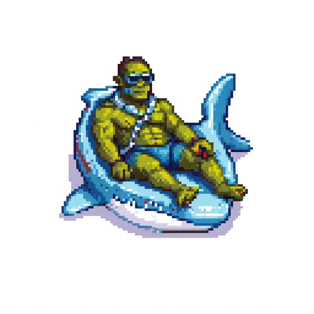 orc male lounging in a shark floatie, oversized sunglasses, whistle on neck cord, pixel art style emoji