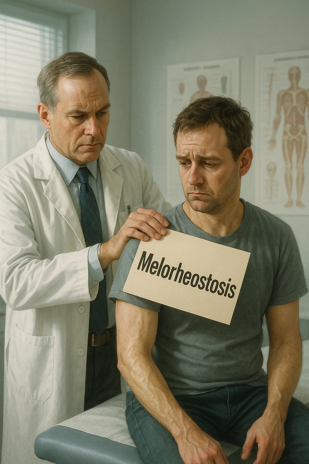 A realistic, cinematic illustration set in a bright, modern medical office. A middle-aged doctor in a white lab coat with a serious expression is shown gently placing a large paper label on the shoulder of a male patient sitting on the examination table. The label has the word 'Melorheostosis' written on it, symbolizing the act of labeling the patient with his rare bone condition. The patient looks confused and slightly disheartened, wearing a simple t-shirt with part of his arm exposed, showing subtle signs of bone thickening or deformation associated with melorheostosis. The background includes medical charts and a softly blurred skeleton model, emphasizing the medical setting. The lighting is bright but neutral, conveying a sterile, clinical atmosphere while focusing on the symbolic moment of receiving a diagnosis label. The mood is introspective and slightly heavy, illustrating the emotional weight of being defined by a rare chronic condition emoji