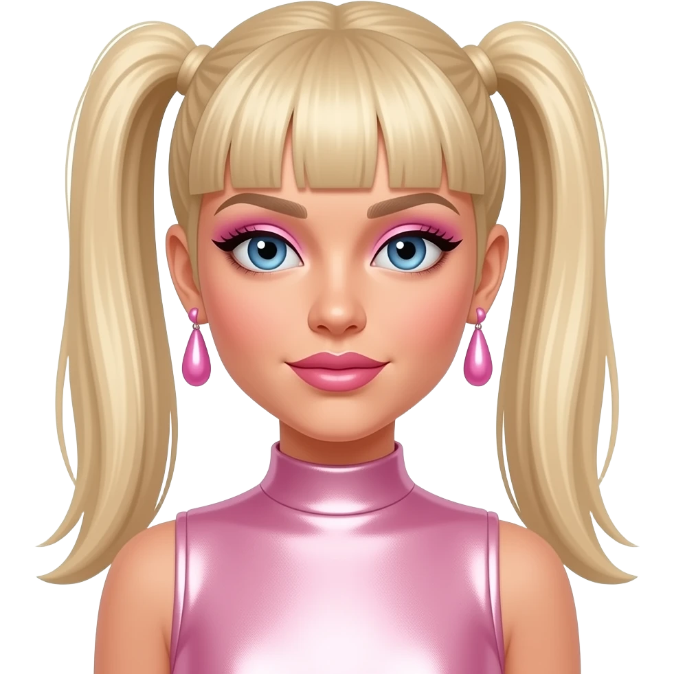 Emma Bunton from Spice Girls with blue eyes, long straight blonde two high ponytail hair with bang, pink eyeshadow, pink lipstick, light pink metallic high neck dress, pink earrings emoji