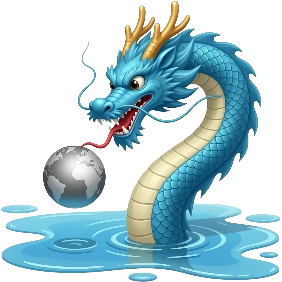 A long blue Chinese serpentine dragon emerges from a puddle of water, hovers above the surface, playing with a silver planet. emoji