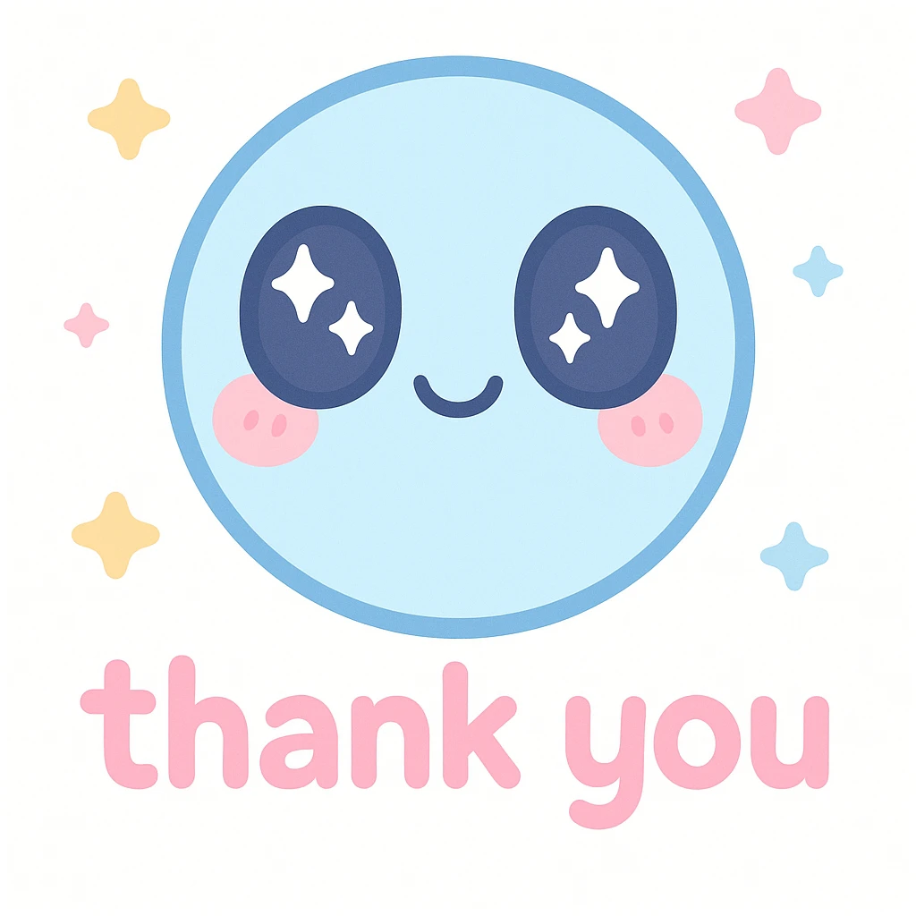 kawaii style emoji with sparkling eyes and 'thank you' text emoji