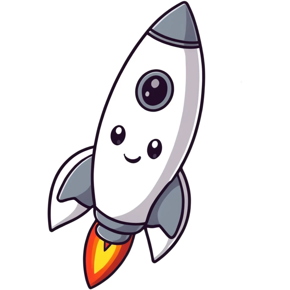 A cartoon rocket toy with stars, a happy expression and little arms emoji