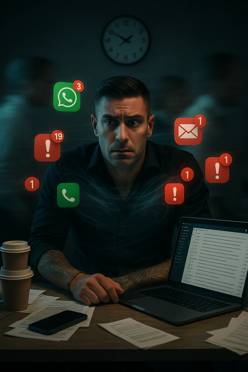 A highly realistic, cinematic portrait of a young man in his early 30s with a tired, tense expression, sitting at his modern office desk surrounded by multiple smartphones with glowing notification bubbles (WhatsApp, emails, alerts) hovering around him like aggressive neon icons. His posture is hunched, shoulders raised, eyes slightly wide, and jaw clenched, representing constant hyper-vigilance and stress. The environment is a cold, cluttered workspace with a laptop displaying endless emails and Slack notifications, coffee cups stacked nearby, and a clock showing late hours, symbolizing the relentless pace of modern work life. Behind him, ghostly blurred figures rush by in a fast-motion effect, representing the constant rush and societal pressure. A faint, tight grey aura wraps around his chest and head, symbolizing blocked breathing and mental tension, while faint blue light tries to push through, representing the body’s desire to find calm. The lighting is harsh and cool, with a 35mm hyperrealistic film style, shallow depth of field focusing on the man’s stressed face and the floating notifications, illustrating the modern trap of always being on alert. emoji