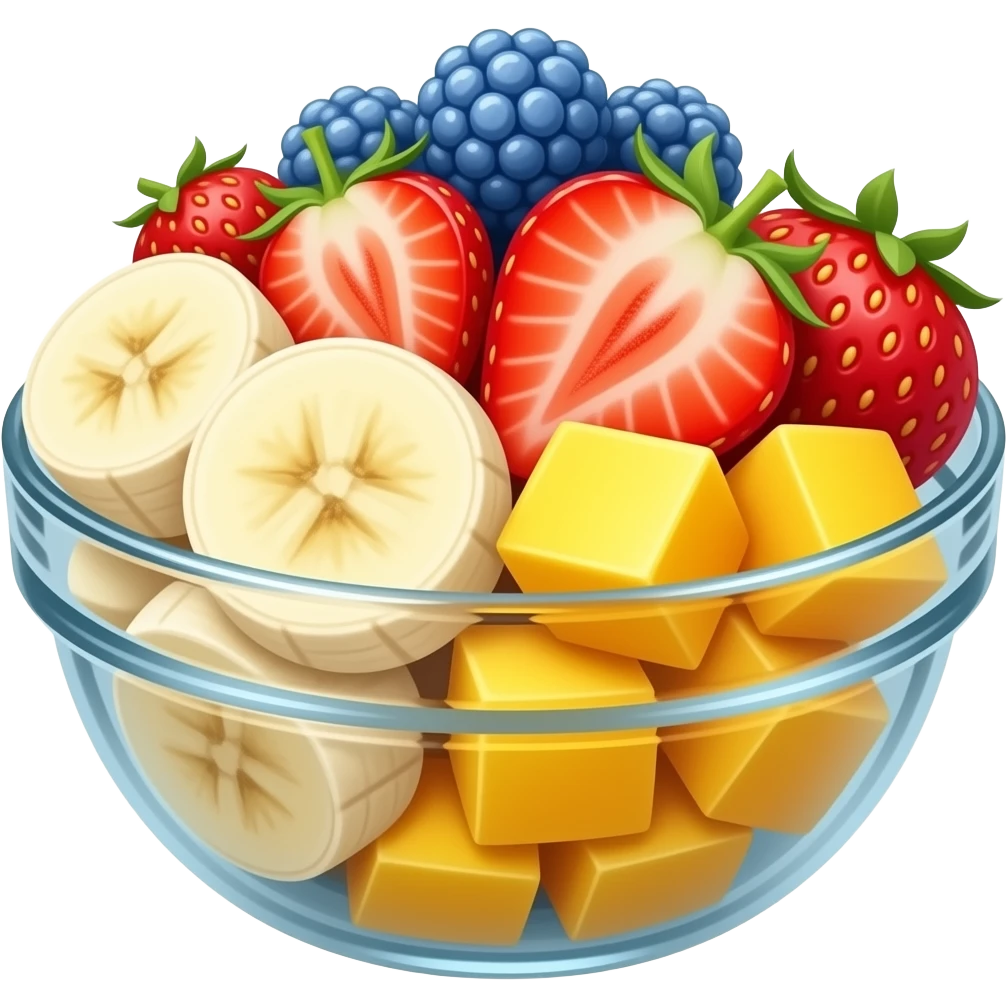 bowl of glass with slices of banana, strawberry slices, mango cubes and blue raspberrie on the top emoji