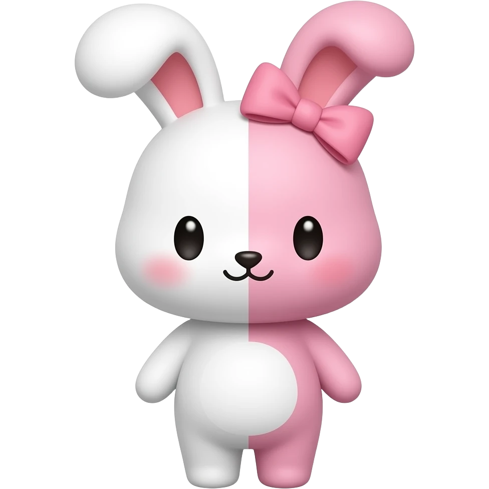 Um coelho de pelúcia metade branco é rosa as duas metafes com a cara fofa lacinho rosa na cabeça orelhas pra cima ela se chama monomi emoji