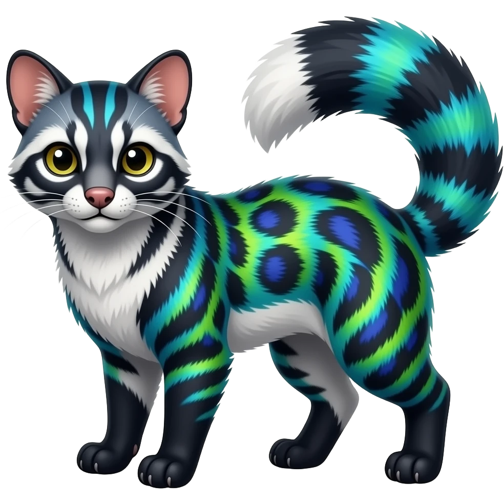 Colorful realistic silky smooth glossy tropical thin exotic beautiful lanky gradient-colored cobalt-blue-obsidian-black-neon-green-gradients, with white underside, iridescent glorious fantasy-civet-genet-Cacomistle-Furret-civet-oncilla-animal-hybrid-fursona with pattern markings (full body) emoji