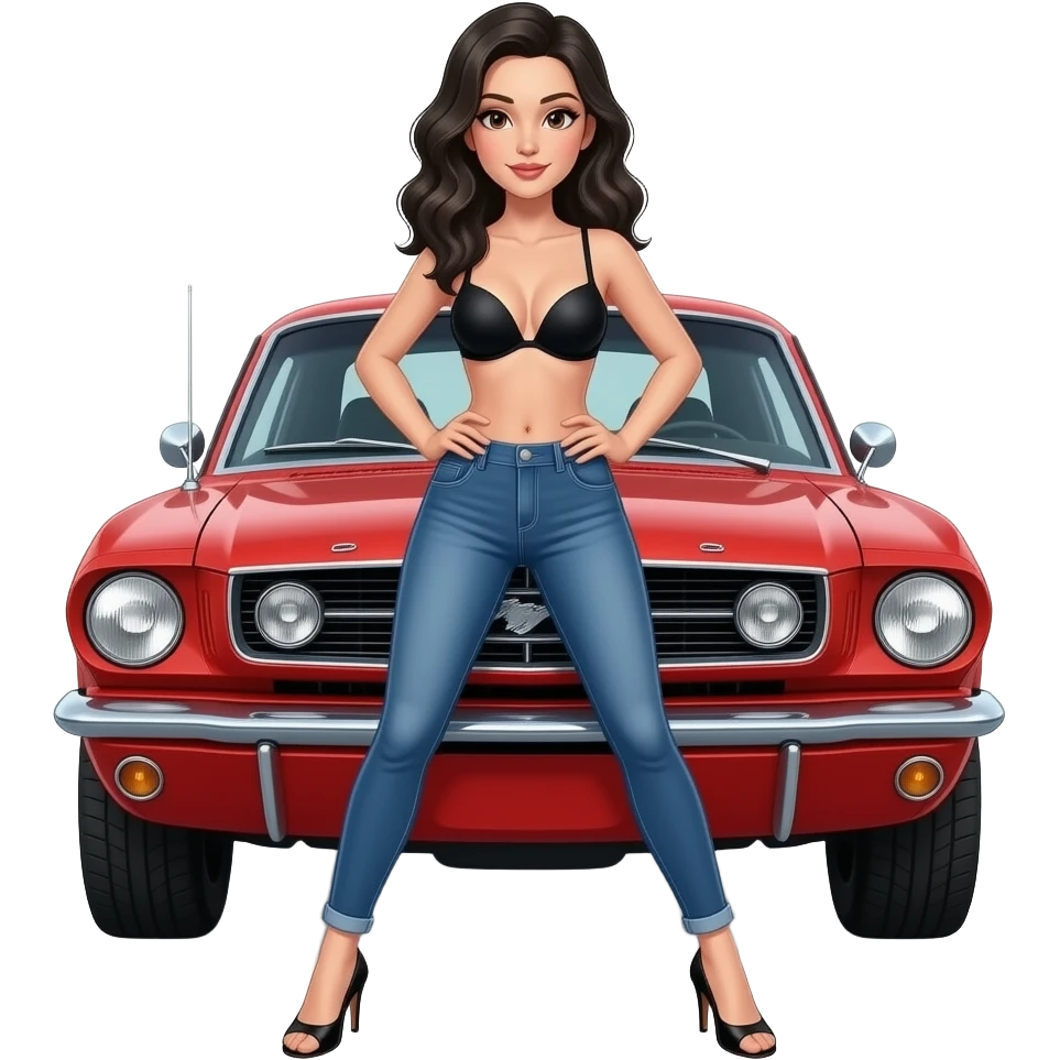 Pale girl with wavy jet black hair and brown eyes in front of a red ford mustang 1968 coupe. Girl wearing black pushup bra, jeans and heels with visible toes. Legs wide spread. emoji