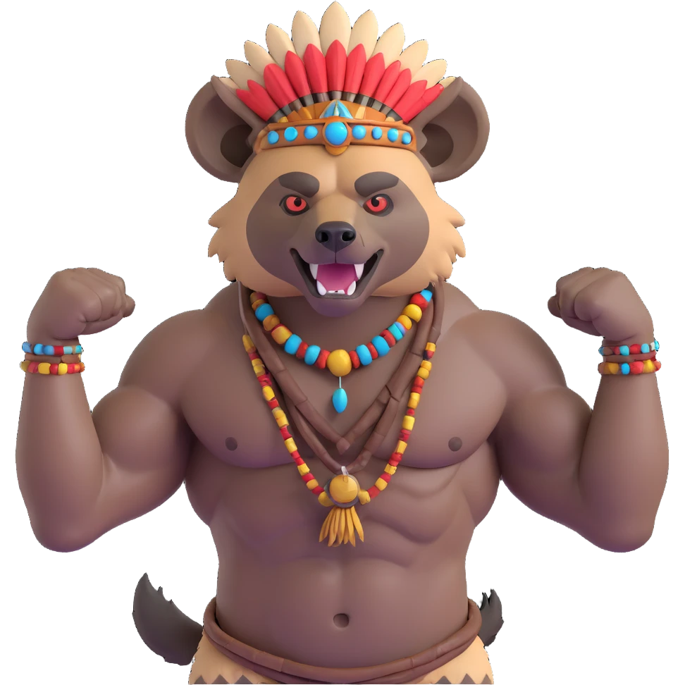 A native strong buff hyena with war bonnet flexing posing  emoji
