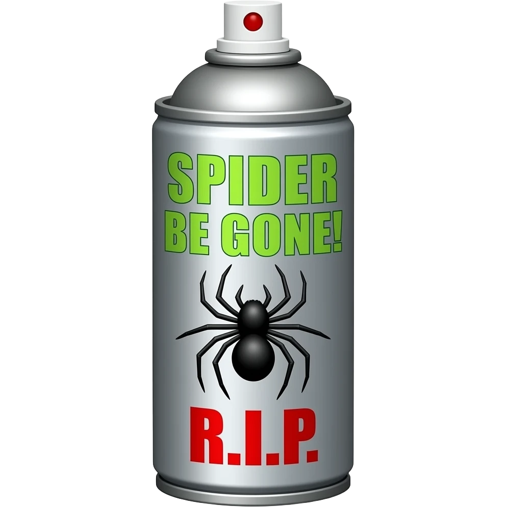 Spray paint can labeled bright green text SPIDER BE GONE! above a spider image & bright red text R.I.P. at bottom emoji