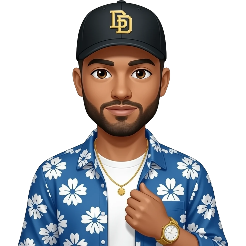 Light skin tone man with light shaved black beard and brown eyes wearing a blue long sleeve with white floral pattern designs on it button down shirt unbuttoned with a white t shirt wearing a gold tennis necklace wearing a gold wrist watch wearing a black San Diego Padres logo baseball cap emoji