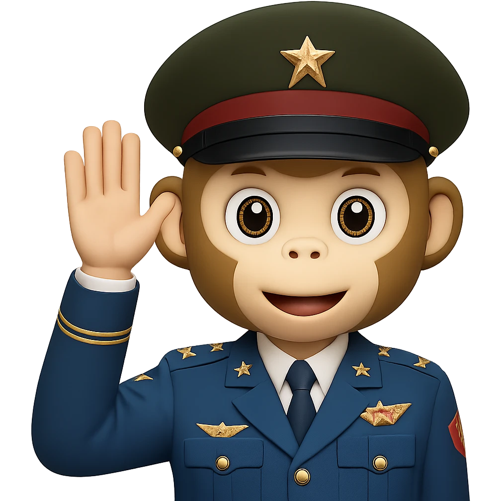 Add a classic military hat to the playful monkey face doing a military salute in emoji style with transparent background. emoji