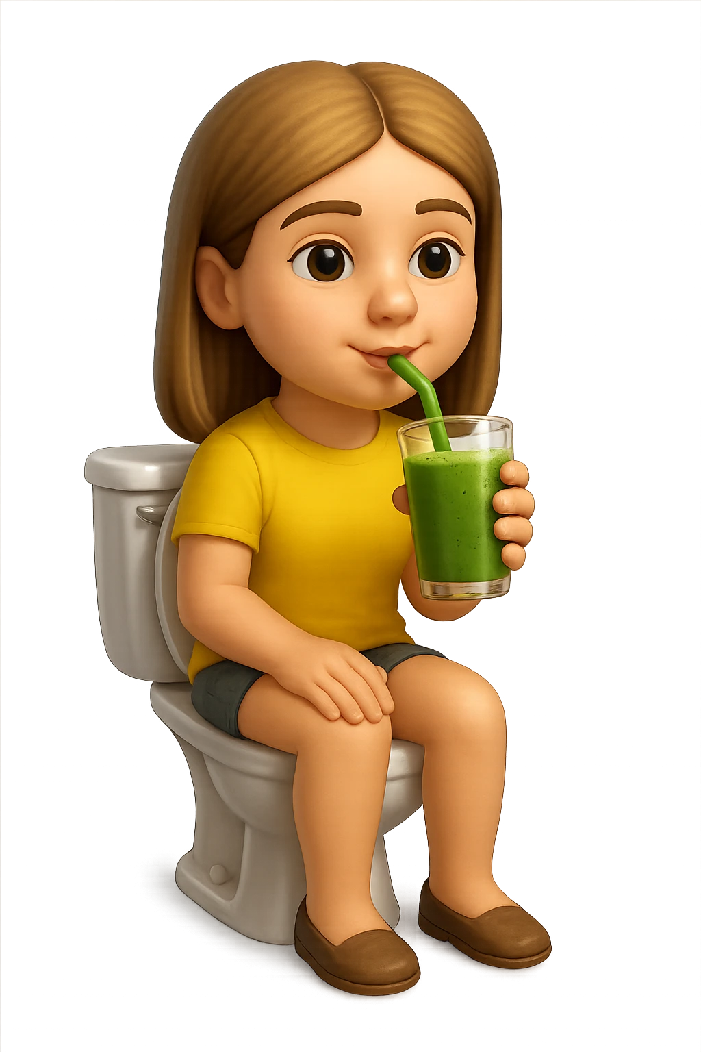 emoji stile iphone di una donna seduta sul wc che beve uno smoothies verde, iperrealistico 4k emoji