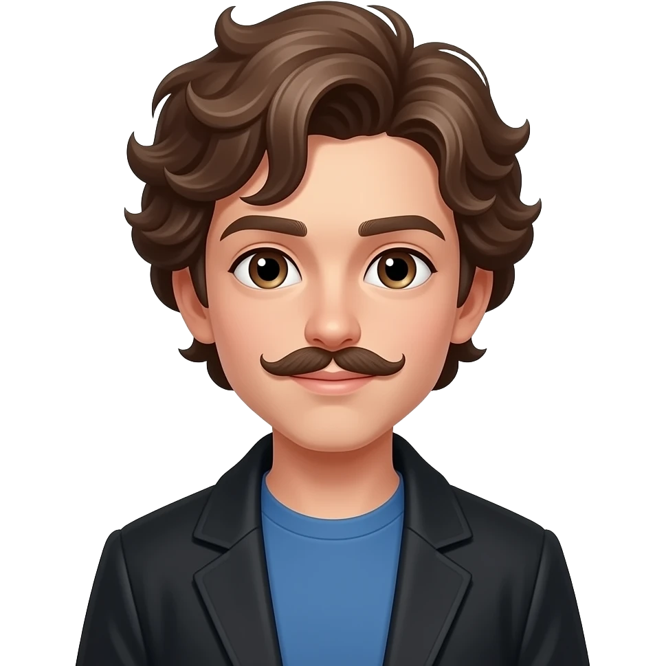 a young boy with curly brown side puff hairs wear a inner blue shirt and black coat and long mostache emoji