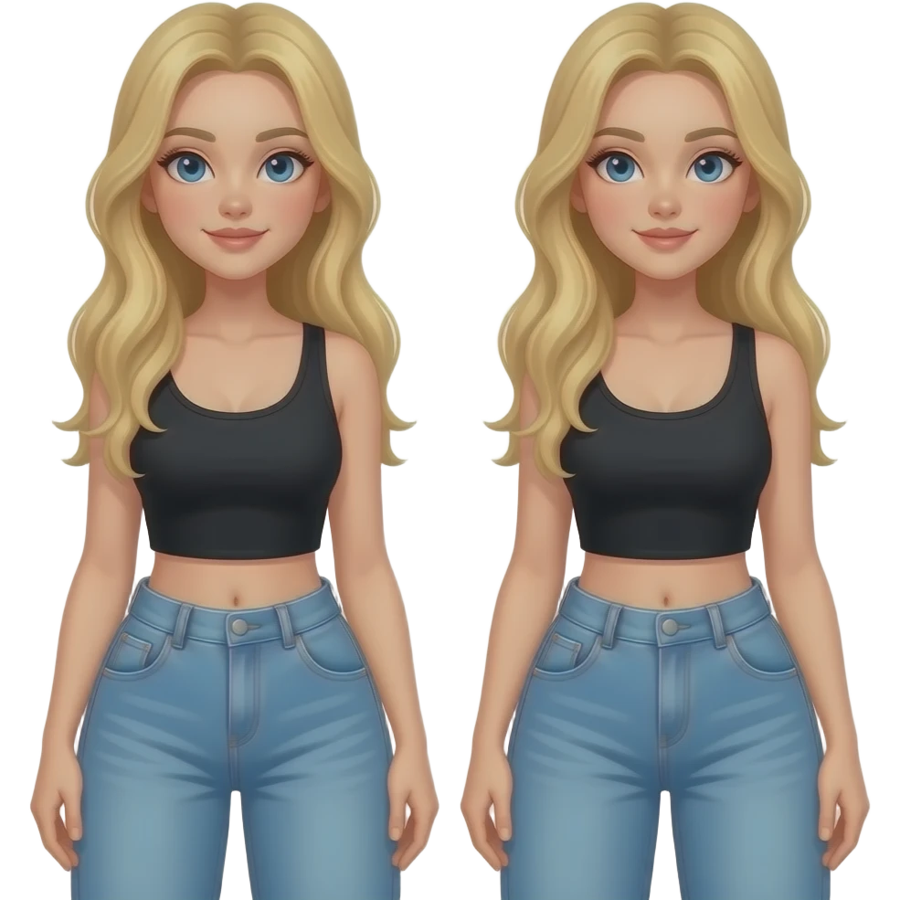 twins blonde hair and light blue eyes wearing a black crop top and light blue baggy jeans, with thin full body and big butts emoji