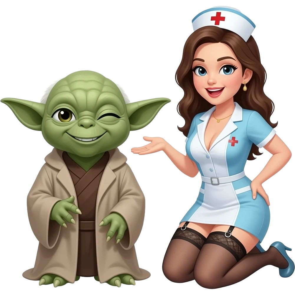 Yoda smiling with a wink, with a lady, nurse , large breasts, garter belt, kneeling , mouth open emoji