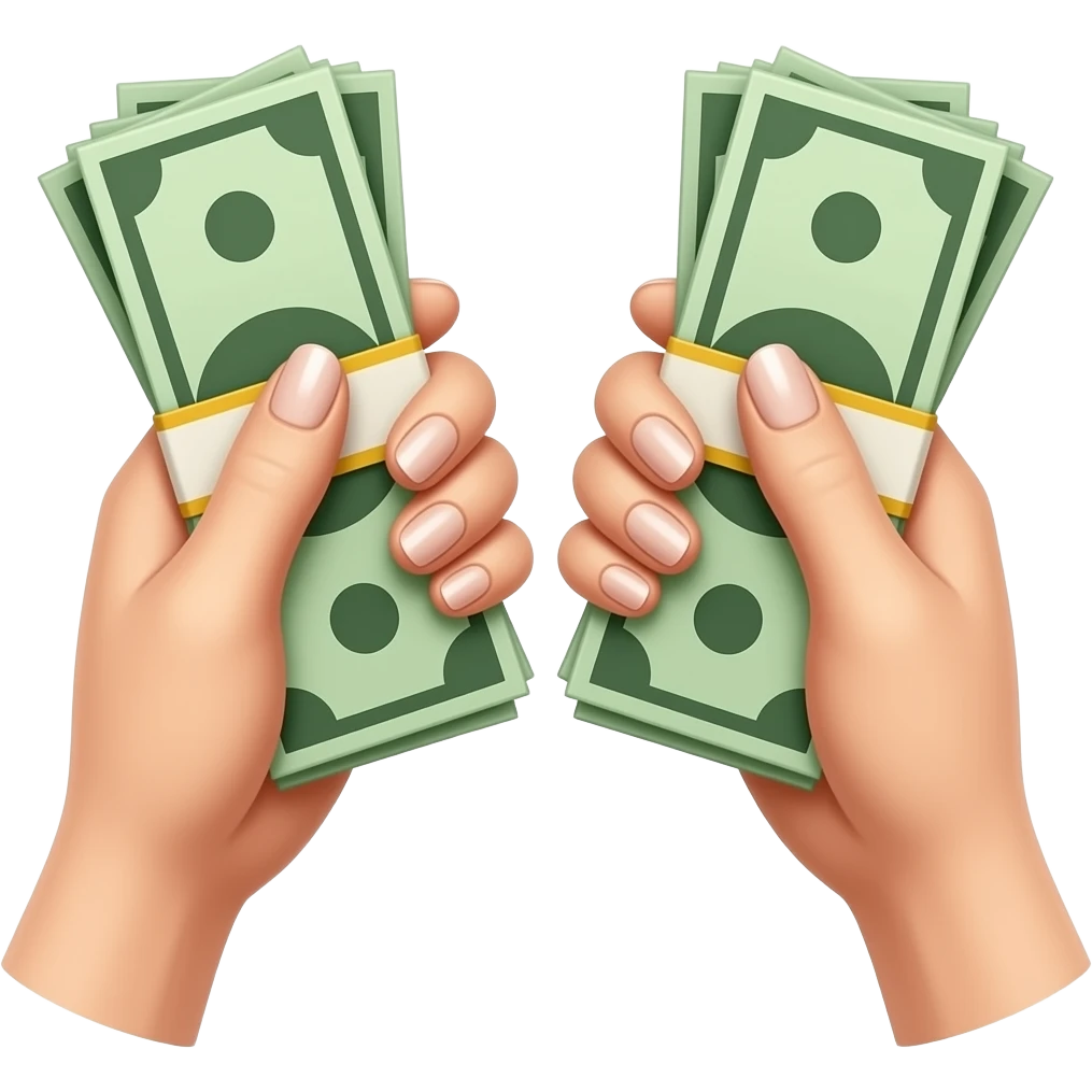 Two wads of cash, two hands with manicured nails, hands with fair skin emoji