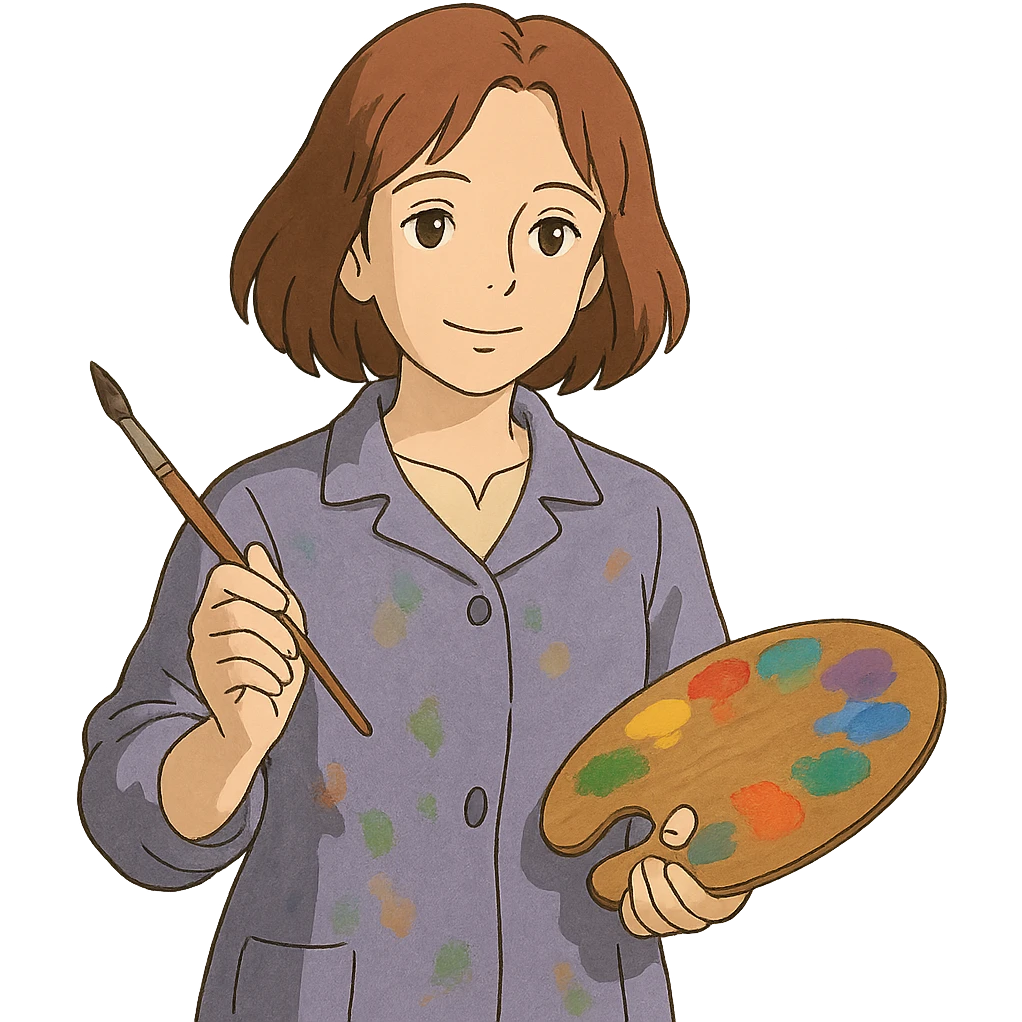 Serene female oil painter, Caucasian features, shoulder-length auburn hair, soft brown eyes, gentle smile, wearing a violet painter’s smock lightly stained with paint over a beige blouse, holding a wooden palette with vibrant colors in one hand and a brush in the other, waist-up, front-facing emoji
