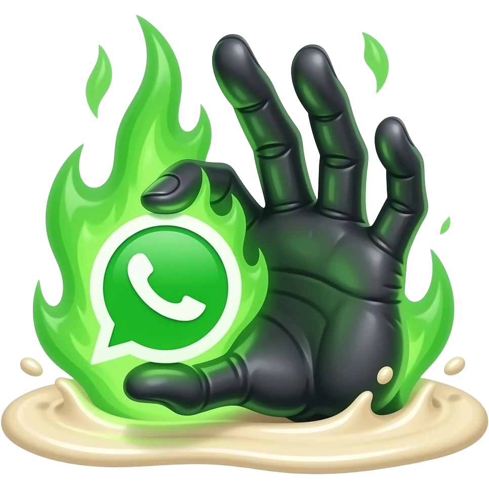 A dark sorcerer’s witch, disgusting, hand holding a WhatsApp logo burning with green magical flames. A liquid creams. Cinematic lighting, high-contrast emoji emoji