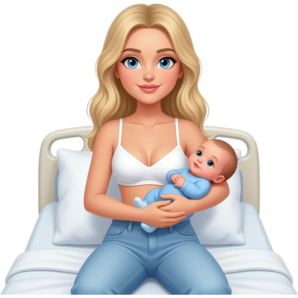 in hospital bed Woman with long blonde hair, and light blue eyes, wearing white bra and light blue baggy jeans with skinny body, holding newborn girl wearing bluey onesies emoji