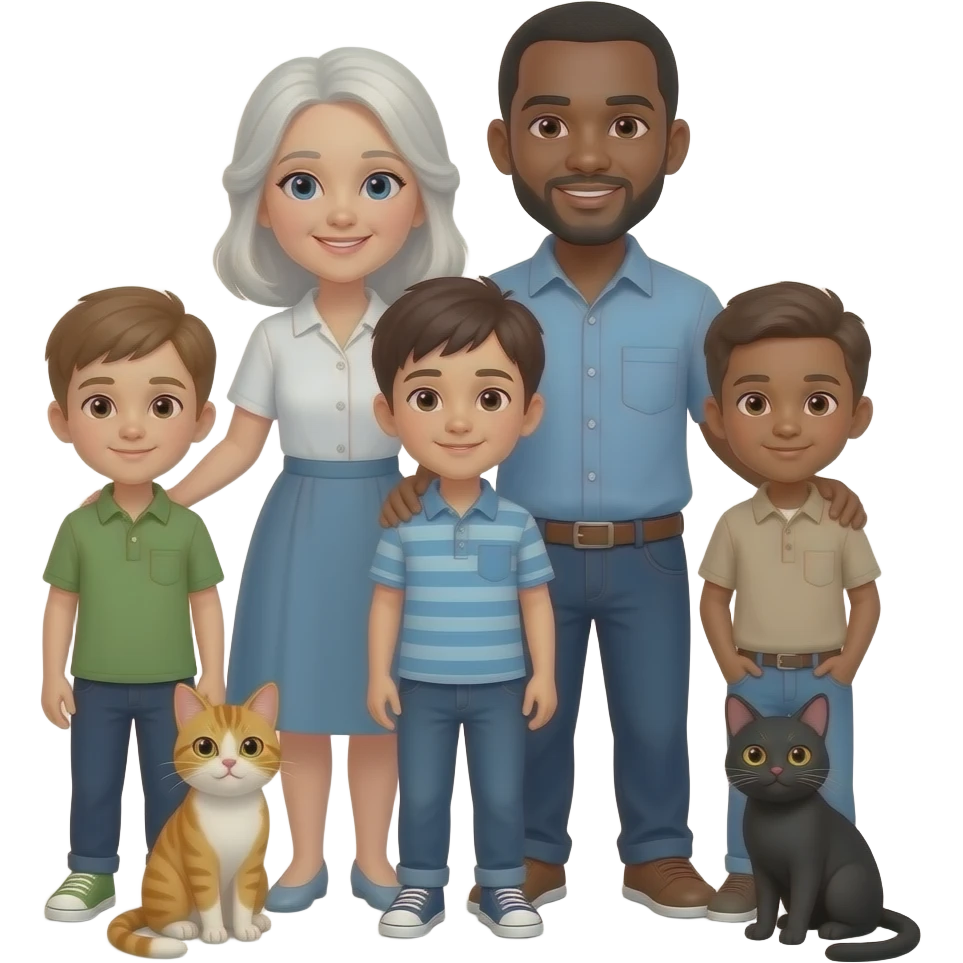 Family with 3 sons white mother black father 2 cats emoji