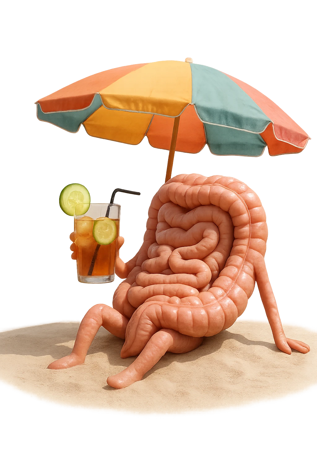 INTESTINO SEDUTO IN SPIAGGIA SOTTO L'OMBRELLONE MENTRE BEVE THè FREDDO CON CETRIOLO
IPERREALISTICO 4K emoji