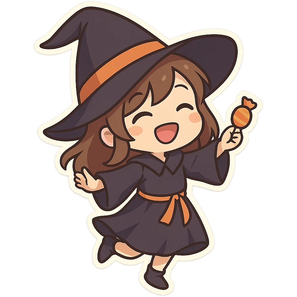 一个穿着万圣节巫师服装的小女孩，手里拿着一个糖果，开心的跳舞 emoji