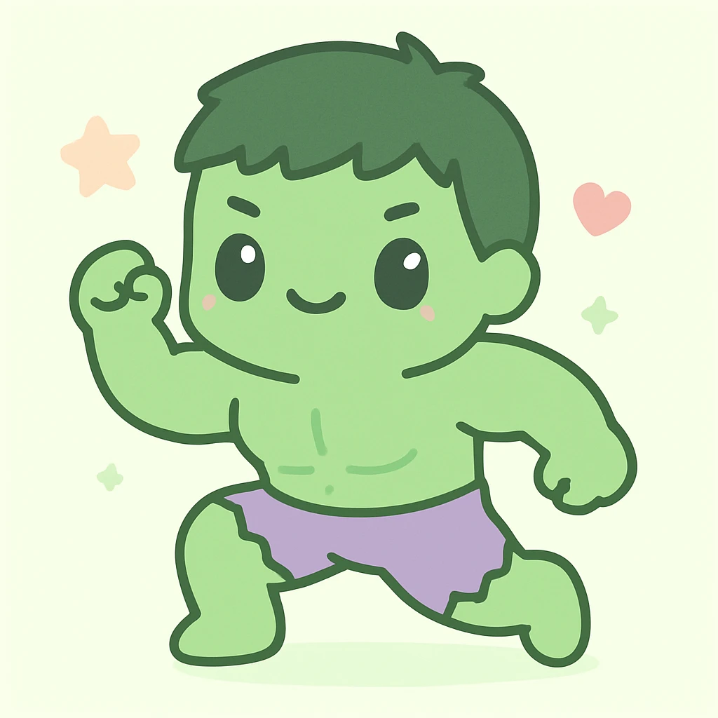the Hulk, muscular green superhero, dynamic pose, kawaii style emoji
