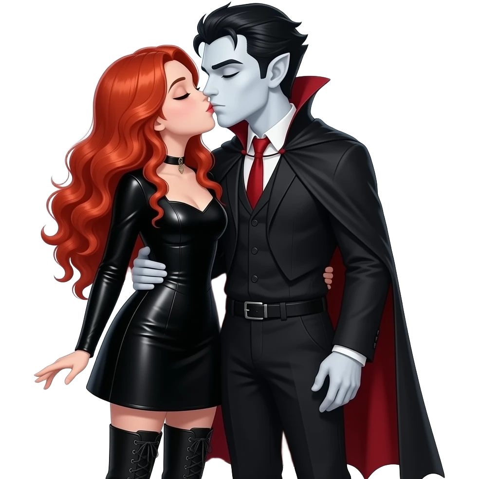 Vampiro femmina 12enne con pelle bianca capelli lunghi  rosso fuoco ondulati e che indossa una vestito stretto in vita e largo e lungo sotto nero con maniche lunghe e anfibi che arrivano alle ginocchia che bacia un vampiro con la pelle bianca al chiaro di luna emoji