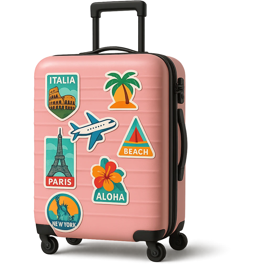 pink suitcase with travel stickers, trendy emoji