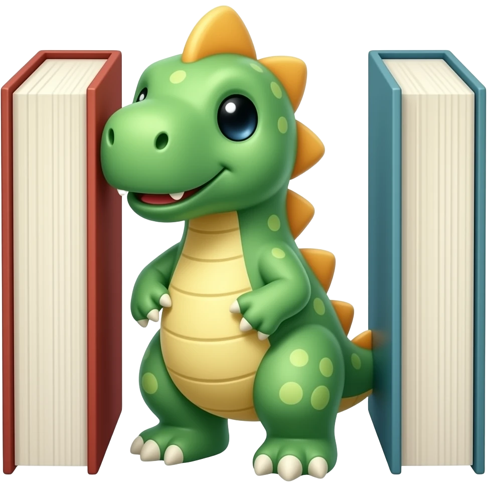 plush dinosaur is between two books emoji