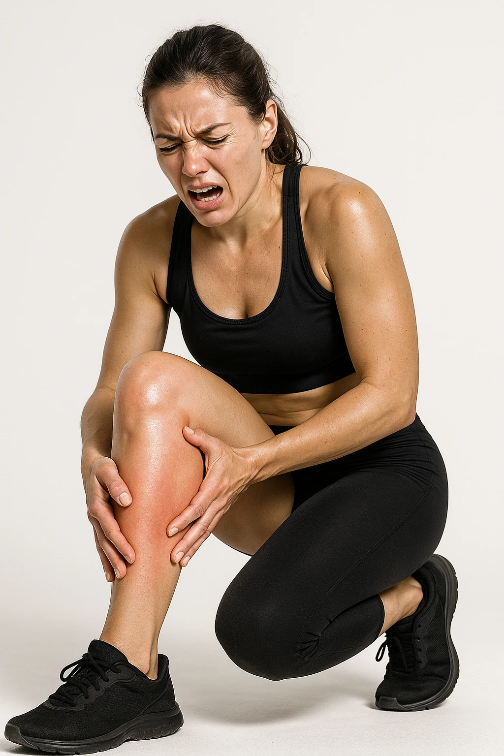 donna fitness che si tocca la gamba dolorante con espressione di dolore in volto, sente le gambe pesanti, iperrealistica 4k, sfondo bianco emoji