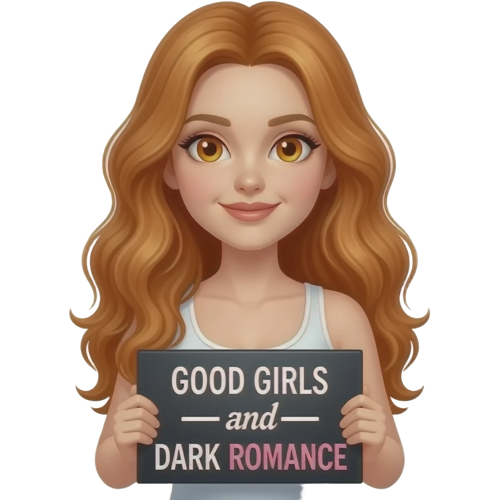 sexy girl with long wavy ginger hair and ginger eyes wearing a white tanktop is holding a black colored sign with GOOD GIRLS read DARK ROMANCE written on it emoji