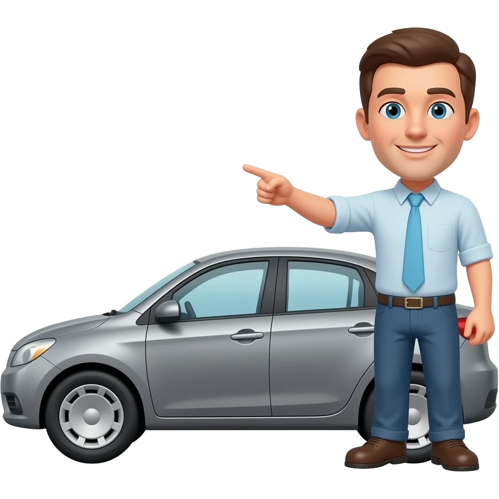 It creates an image of a man standing in the distance pointing towards a car emoji