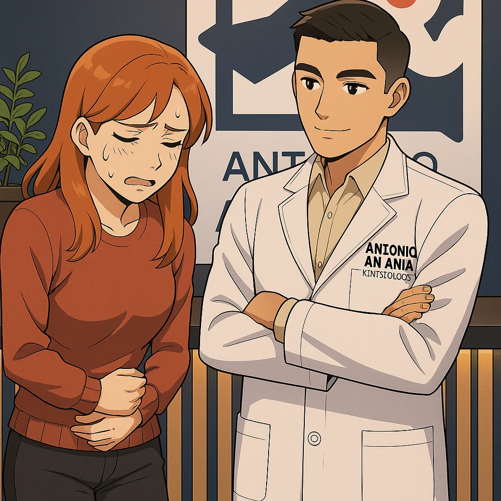 su questo stile fai un manga/webtoon a colori in cui una donna che parla esasperata dal suo problema, l'uomo della foto in stile manga gli risponde, mantieni un ambiente simile alla foto che ho allegato con il suo logo (sarebbe il suo studio, lui è un kinesiologo), scrivigli "ANTONIO ANANIA" sul camice bianco, non mettere fumetti, ma fai in modo che sembri che la donna chiede una cosa e l'uomo risponde alla sua domanda emoji