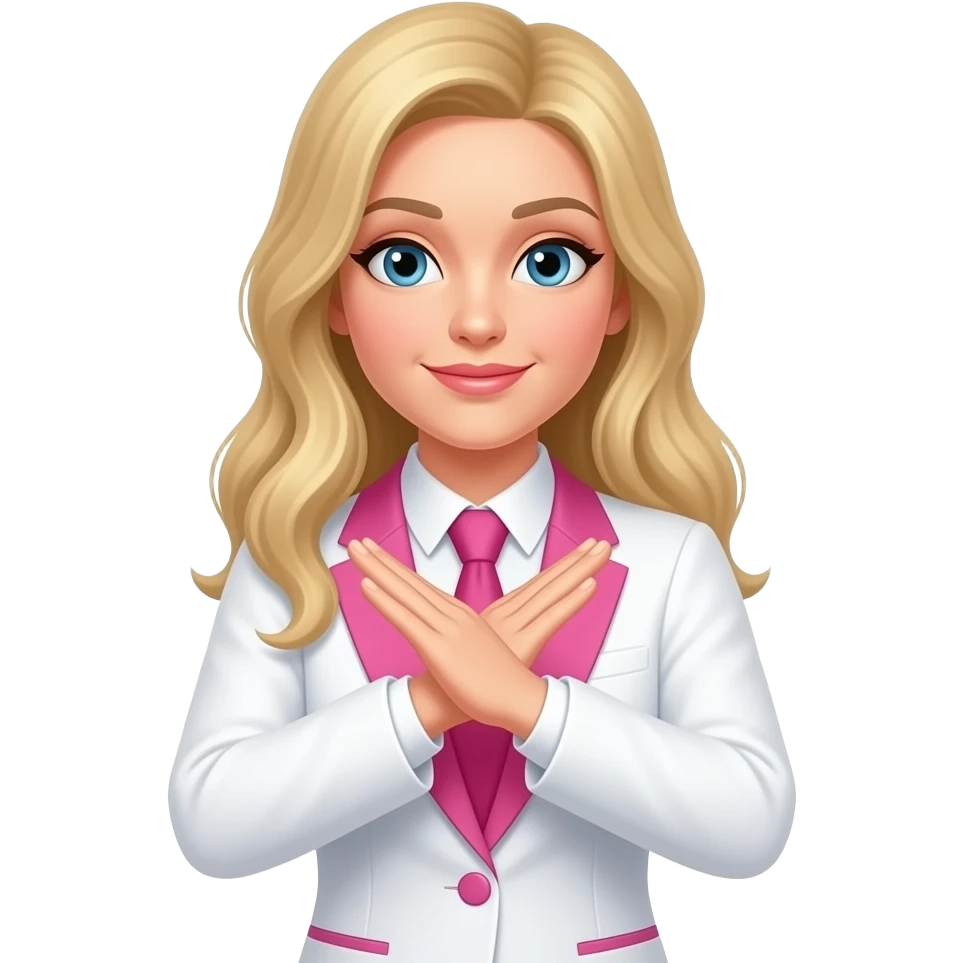 long blonde haired woman gesturing "No" arms crossed in front of her. wearing a white and pink business suit. emoji