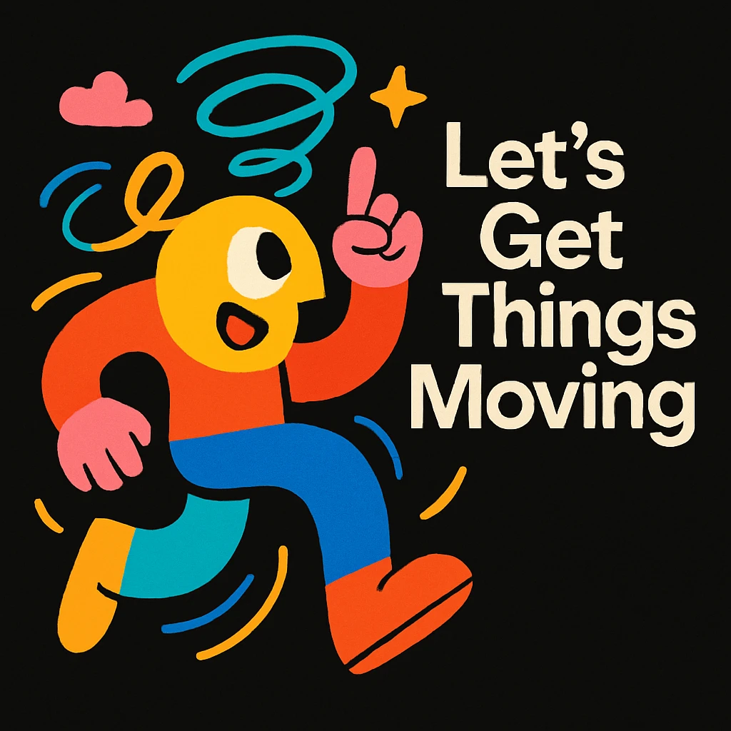 playful abstract mascot for a black website, energetic and imaginative, with swirling shapes and motion lines to show thinking and movement, bright and bold color palette, for a creative tech portfolio, includes the tagline 'Let’s Get Things Moving' emoji