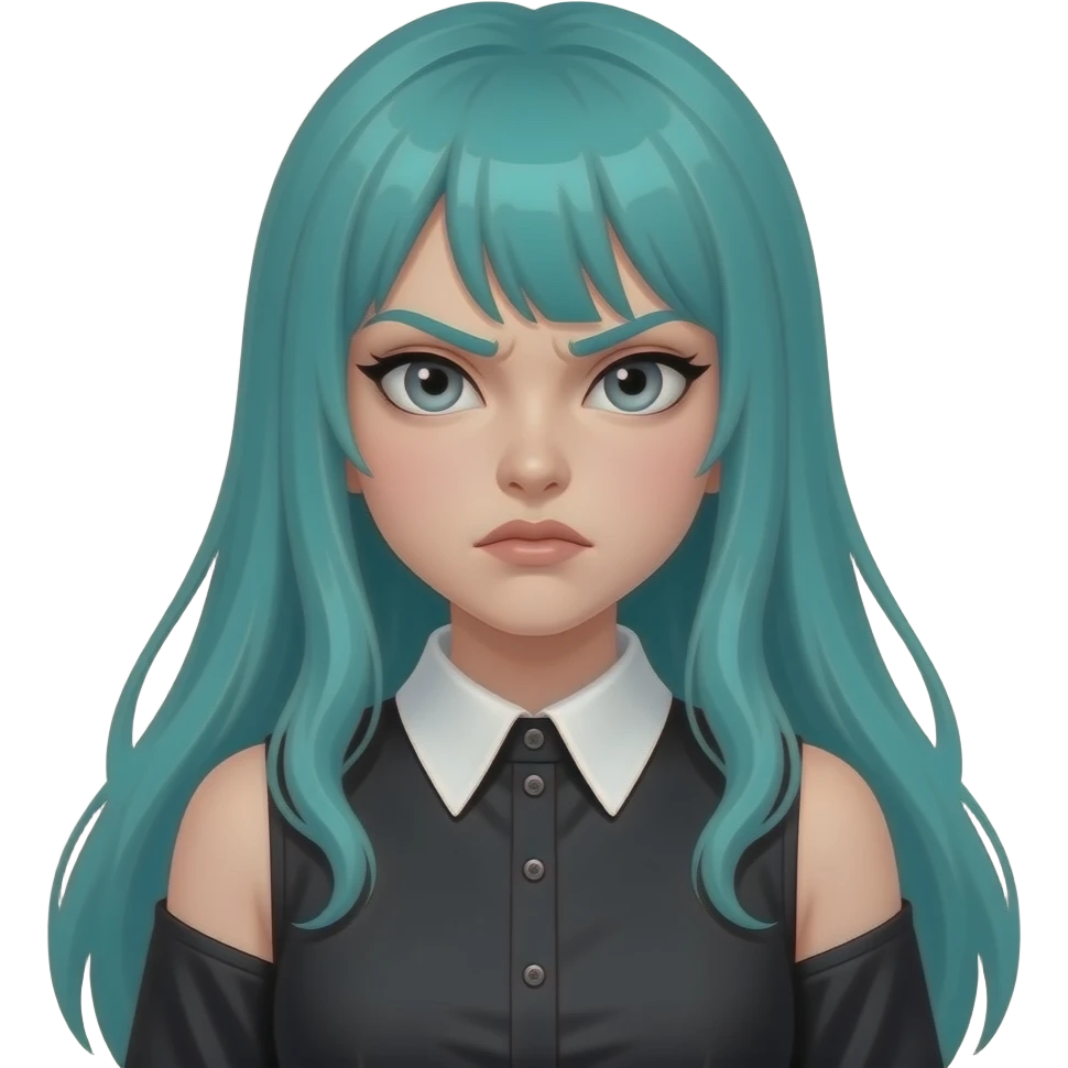 girl, angry, long flowing teal hair, grey eyes, black shoulder cyberpunk blouse with fancy white collar emoji