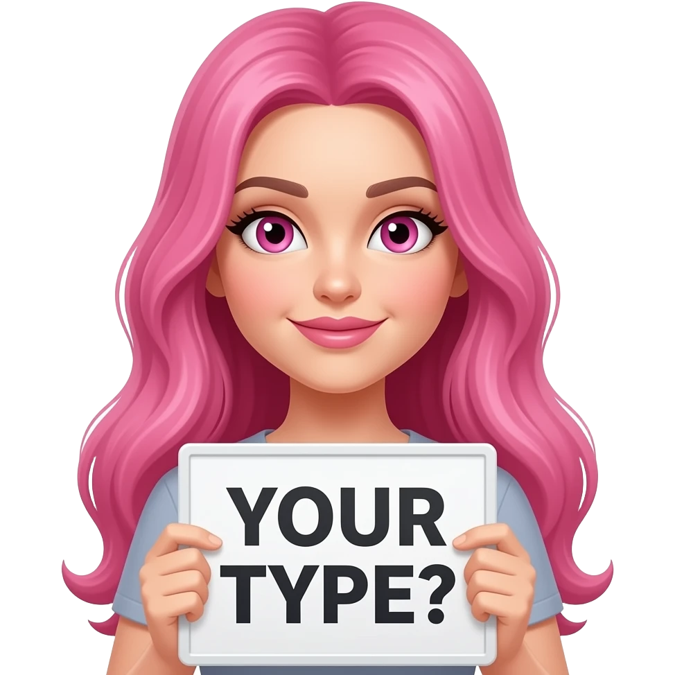 sexy girl with long pink hair and pink eyes wearing a holding a YOUR TYPE? sign emoji