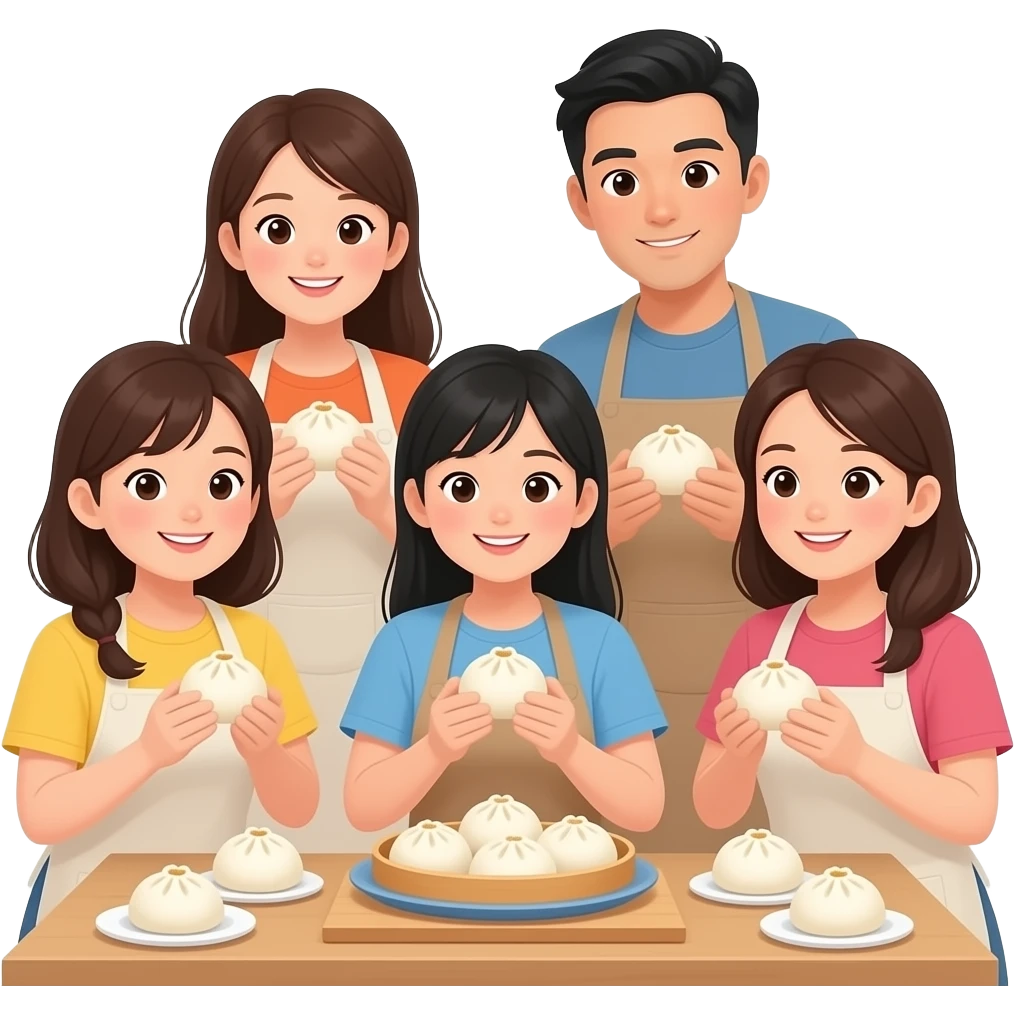 bao workshop cute at home with 4 female 1 male asian friends emoji